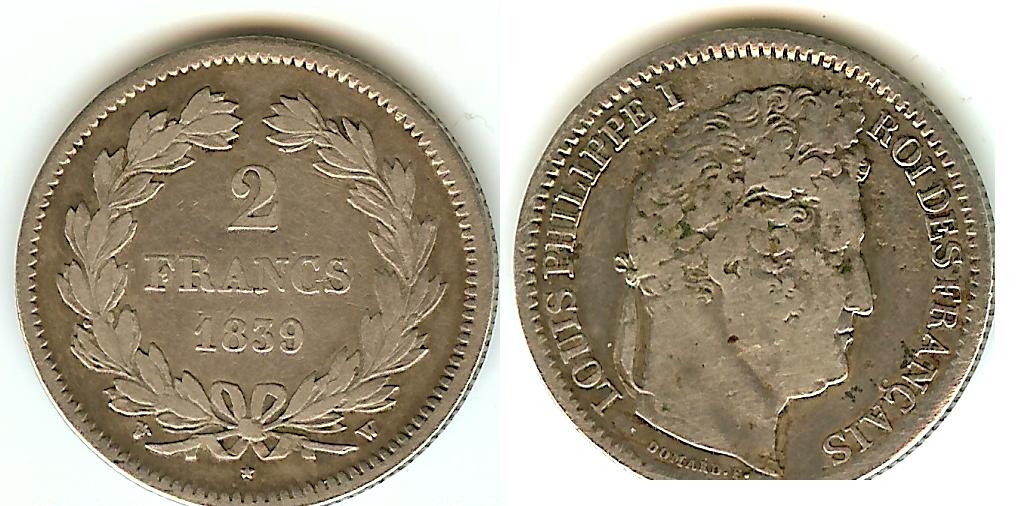 2 Francs Louis Philippe I 1839W Lille TB+ à TTB